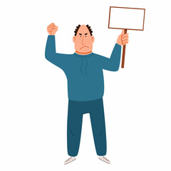 A gray-haired man in a tracksuit with a sign for the text in his hand. A protesting person against discrimination with a raised fist .Vector illustration in a flat cartoon style.