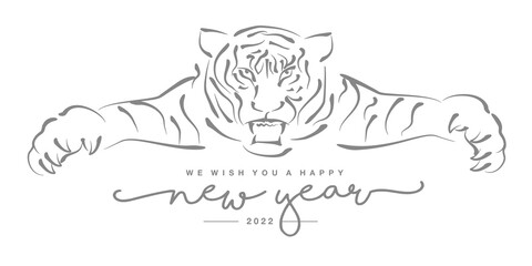 Happy New Year 2022 year of the tiger grey handwritten typography white isolated background with angry tiger safeguard new year 2022 logo tattoo greeting card