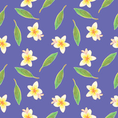 Seamless pattern of plumeria flowers on a Very Peri background. For fabric, sketchbook, wallpaper, wrapping paper.