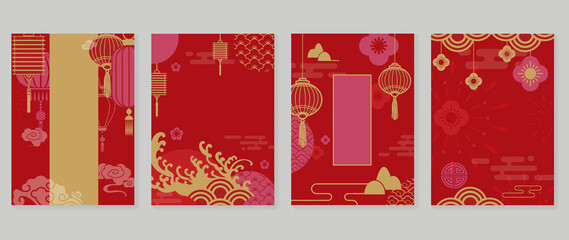 Chinese New Year covers background vectors. Luxury background design with gold Chinese  lantern and oriental decorative element for Asian Lunar New Year holiday cover, poster, ad and sale banner.