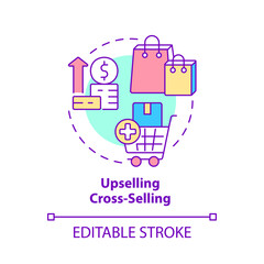 Upselling cross selling concept icon. Customer touchpoint abstract idea thin line illustration. Isolated outline drawing. Editable stroke. Roboto-Medium, Myriad Pro-Bold fonts used