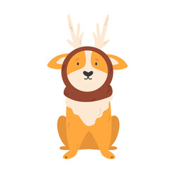 Vector illustration of a cute corgi in a funny deer hat.