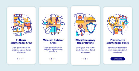 Maintenance, repairs and remodeling onboarding mobile app screen. Service walkthrough 4 steps graphic instructions pages with linear concepts. UI, UX, GUI template. Myriad Pro-Bold, Regular fonts used