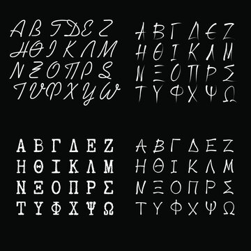 Vector set of greek uppercase alphabet. Handwritten, typewriter and caligraphic white letters, fonts isolated in black background.