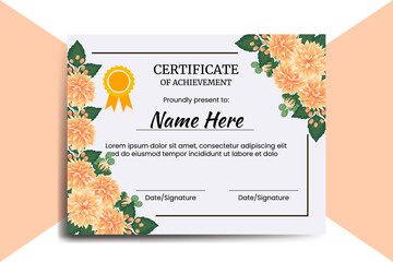 Certificate Template Orange Dahlia Flower watercolor Digital hand drawn