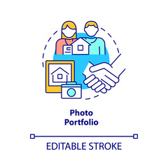 Photo portfolio concept icon. Promote rental estate. Property management abstract idea thin line illustration. Isolated outline drawing. Editable stroke. Roboto-Medium, Myriad Pro-Bold fonts used