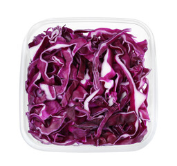 Obraz premium Fresh chopped red cabbage in plastic container isolated on white, top view