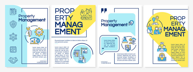 Hotels property management blue and yellow brochure template. Booklet print design with linear icons. Vector layouts for presentation, annual reports, ads. Questrial-Regular, Lato-Regular fonts used
