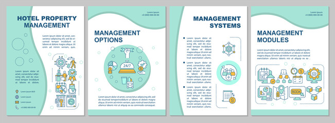 Naklejka premium Property manager responsibilities mint brochure template. Booklet print design with linear icons. Vector layouts for presentation, annual reports, ads. Arial, Myriad Pro-Regular fonts used