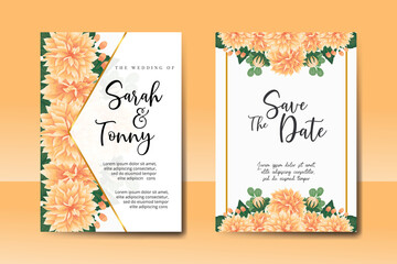Wedding invitation frame set, floral watercolor Digital hand drawn Orange Dahlia flower design Invitation Card Template