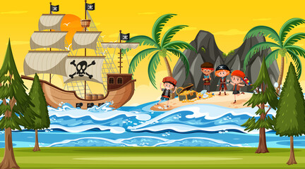Treasure Island scene at sunset time with Pirate kids