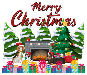 Merry Christmas text design with cute dogs and gift boxes