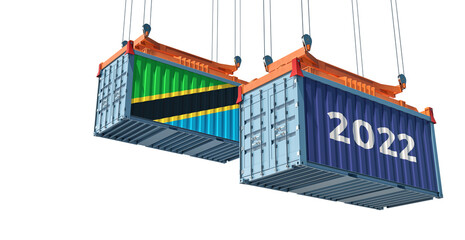 Trading 2022. Freight container with Tanzania national flag. Isolated on white. 3D Rendering 