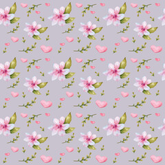 Watercolor seamless pattern. apple flowers and hearts. Pattern for fabric and scrapbooking paper. Children's holiday