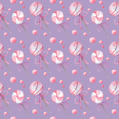 Fototapeta premium Watercolor seamless pattern. Pink and lilac marshmallows. Pattern for fabric and scrapbooking paper. Children's holiday