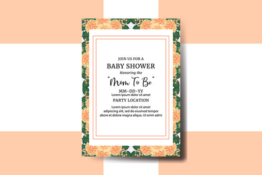 Baby Shower Greeting Card Orange Dahlia Flower Design Template