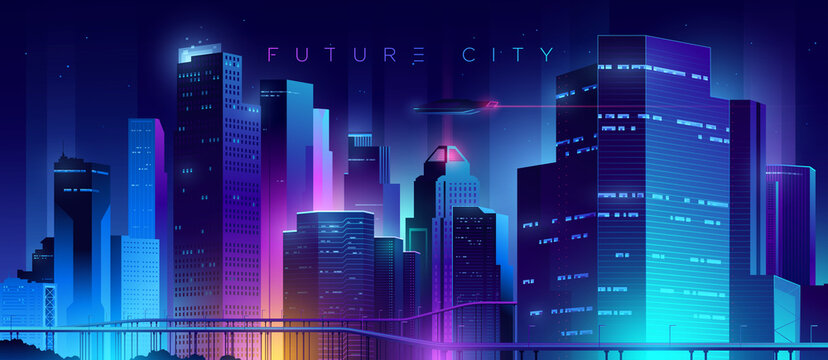 Futuristic neon city. Technology cyberpunk illustration