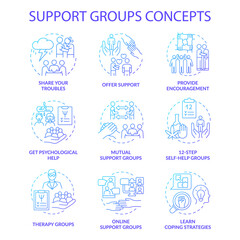 Support groups blue gradient concept icons set. Online therapy idea thin line color illustrations. Learn coping strategies. Isolated outline drawings. Roboto-Medium, Myriad Pro-Bold fonts used
