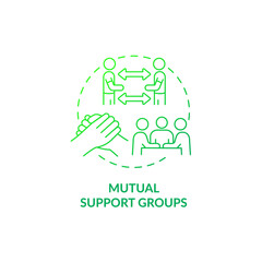 Mutual support groups green gradient concept icon. Overcoming problem together abstract idea thin line illustration. Recovery model. Isolated outline drawing. Roboto-Medium, Myriad Pro-Bold fonts used