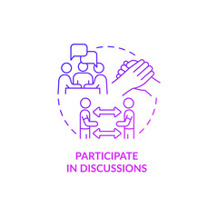 Participate in discussions purple gradient concept icon. Sharing personal experiences abstract idea thin line illustration. Isolated outline drawing. Roboto-Medium, Myriad Pro-Bold fonts used
