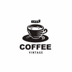 Classic Coffee shop with cup Vintage Retro Ribbon Banner logo design for cafe and restaurant