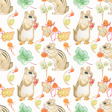 Watercolor seamless pattern with chipmunks and cloudberry isolated on white background.Perfect for children textile,fabrics,prints.