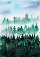 Watercolor illustration of dense green coniferous forest with fog streaks and blue sky