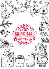 Illustration for a festive Christmas mood. Hand drawn sketch. Christmas greeting card. Vintage design elements. Vector illustration. Invitation design template. Sketch collection.