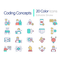 Coding RGB color icons set. Programmer specialist. Professional coding skills. Isolated vector illustrations. Simple filled line drawings collection. Quicksand-Light font used. Editable stroke