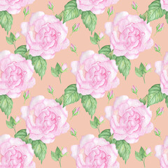 Watercolor seamless pink roses pattern on orange background.Good for textile,fabrics,wallpaper.