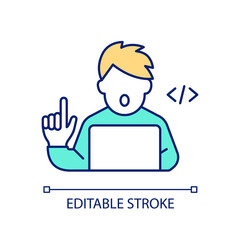 Front end developer RGB color icon. Software programmer. Professional coder working at computer. Isolated vector illustration. Simple filled line drawing. Editable stroke. Arial font used