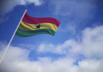 Flag of the Ghana on a stick, dark clouds in the background