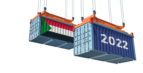 Trading 2022. Freight container with Sudan national flag. Isolated on white. 3D Rendering 
