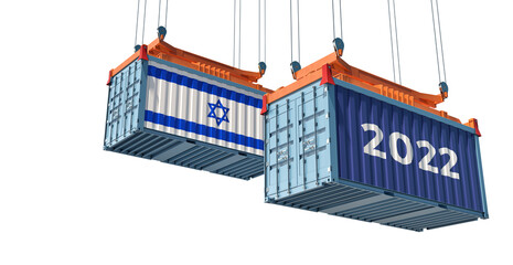 Trading 2022. Freight container with Israel national flag. Isolated on white. 3D Rendering 