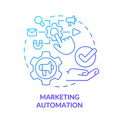 Marketing automation blue gradient concept icon. Advertising channels optimization abstract idea thin line illustration. Isolated outline drawing. Roboto-Medium, Myriad Pro-Bold fonts used