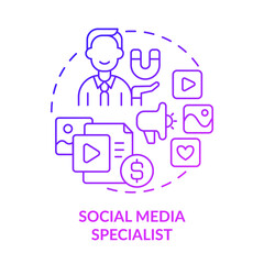 Social media specialist purple gradient concept icon. Digital marketing specialist abstract idea thin line illustration. Isolated outline drawing. Roboto-Medium, Myriad Pro-Bold fonts used