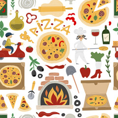 Pizzeria Seamless Pattern Background. Pizza Make and Delivery design elements