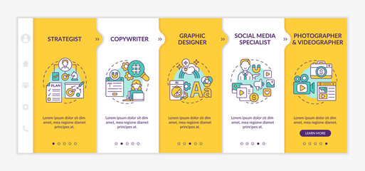 Digital marketing professions yellow onboarding template. Content making. Responsive mobile website with linear concept icons. Web page walkthrough 5 step screens. Lato-Bold, Regular fonts used
