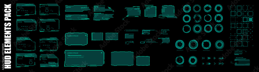 Poster set of futuristic green hud elements. windows, circles, frames and goals. hud, gui, ui elements. mod