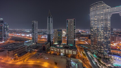 Naklejka na ściany i meble Sky view to skyscrapers and hotels in Dubai downtown aerial timelapse.