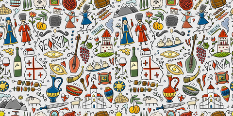 Georgia Country. Travel Background. Collection of design elements - food, places and dancing people. Seamless pattern background - 477601118