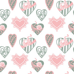Hearts and peonies. San Valentine's day, wedding. Celebration. Seamless pattern for fabric, wrapping, textile, wallpaper, apparel. Vector.