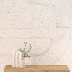 Wooden podium, stone pedestal with plant branches, leaves and stones wall. Pastel beige and white colors scene. Geometric shapes interior. Trendy 3d render for social media, promotion, product show