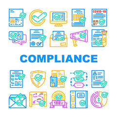 Compliance Quality Procedure Icons Set Vector. Compliance Passport And Covid Certificate, Approval Conversation And Check List, Cv And Documentation Line. Honey Analyzes Color Illustrations