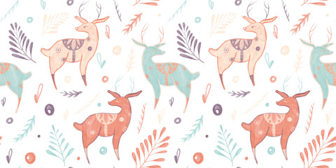 Seamless pattern with illustration of cute lamas, deer, decorative leaves, branches, doodles, dots. Pink childish pattern isolated on white background.