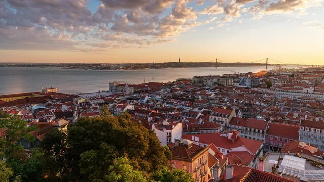 Time Lapse of a colourfull sunset over the old town of Lisbon in Portugal with the 25th of April Bridge in the background