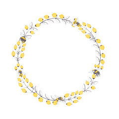 Watercolor hand drawn wreath with illustration of flying bumblebee, decorative branch, yellow berries isolated on white background. Cute vintage flat nature and floral design.