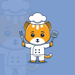 Cute cat chef holding spatula and barbecue fork