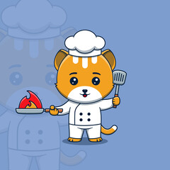 Cute cat chef holding spatula and Burning Frying Pan