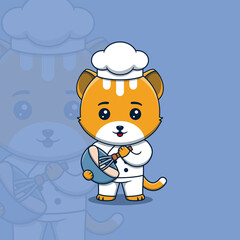 Cute cat chef with whisk and mixing bowl